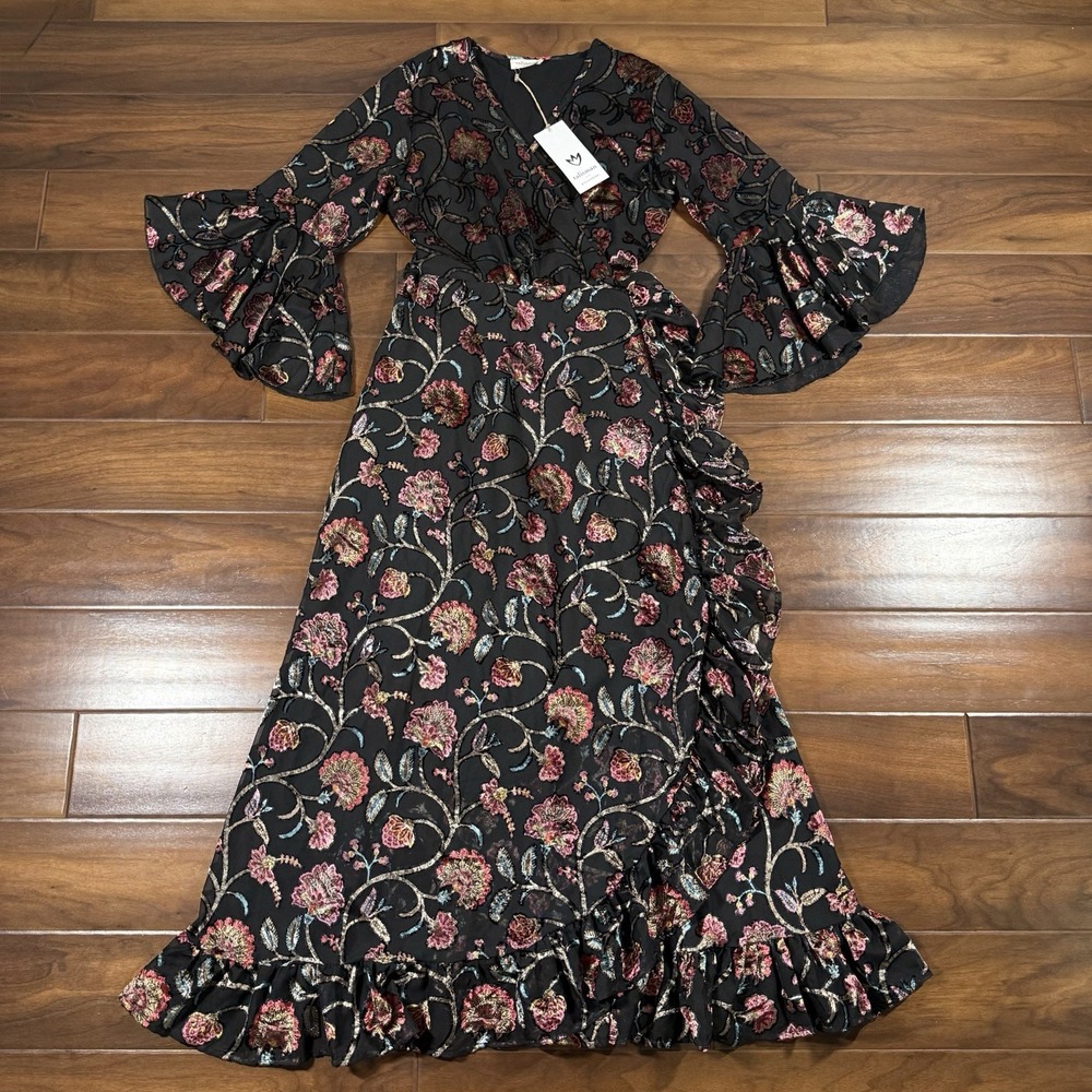 Talisman Women's Size‎ XS Black Floral Velvet Chiffon Carly Wrap Midi Dress
